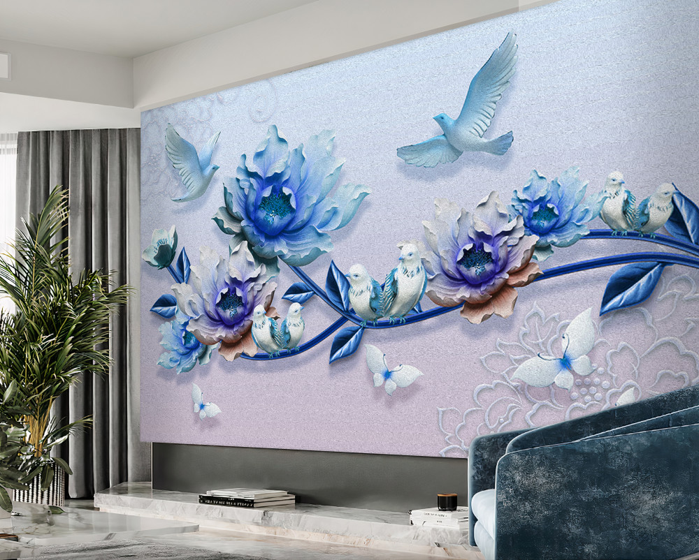 Fototapeta gołębie na niebieskiej kwitnącej gałęzi