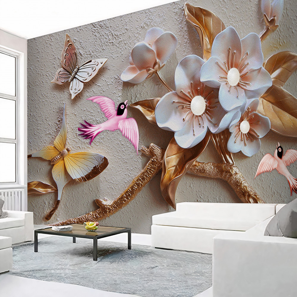 Fototapeta jaskółki i motyle cieszą się kwiatami