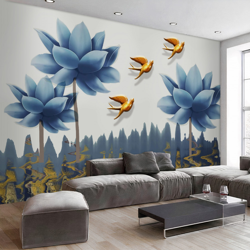 Fototapeta złote ptaki latają nad kwiecistą łąką