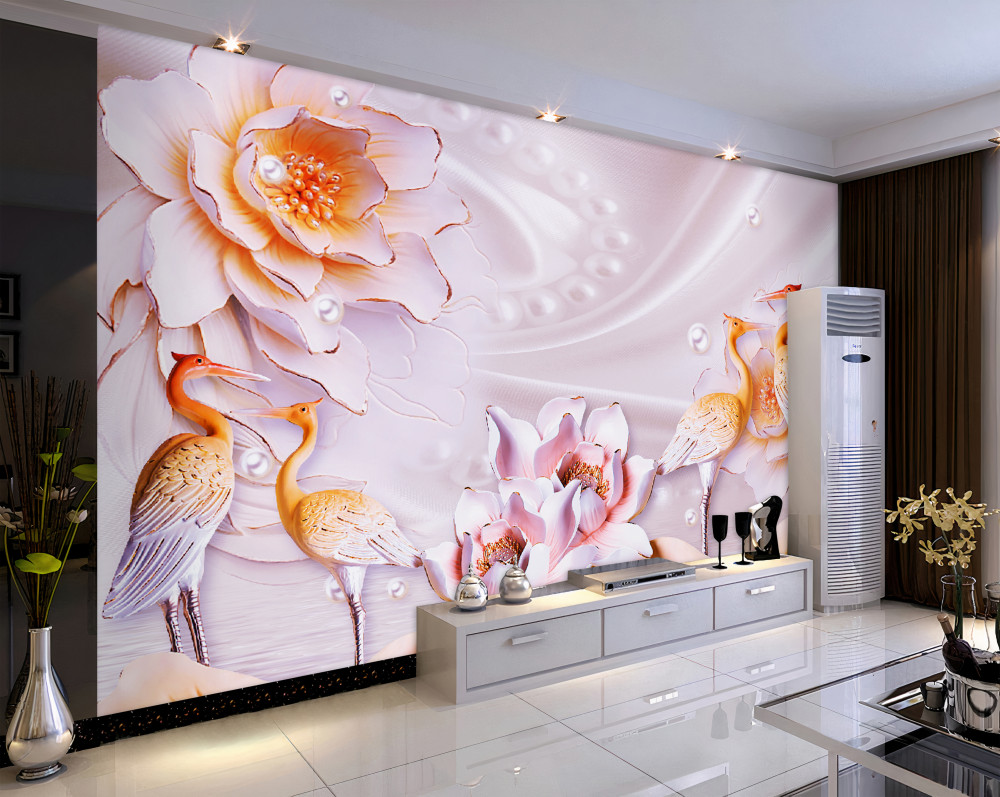 Fototapeta stado ptaków i białe kwiaty na jedwabiu