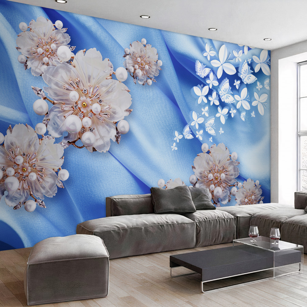 Fototapeta białe kwiaty i motyle na niebieskim jedwabiu