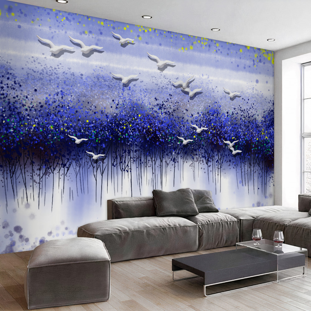 Fototapeta stado ptaków nad lasem i jeziorem o zmierzchu