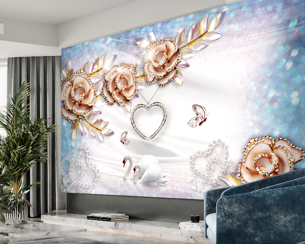 Fototapeta złote gałęzie kwiatów i białe łabędzie