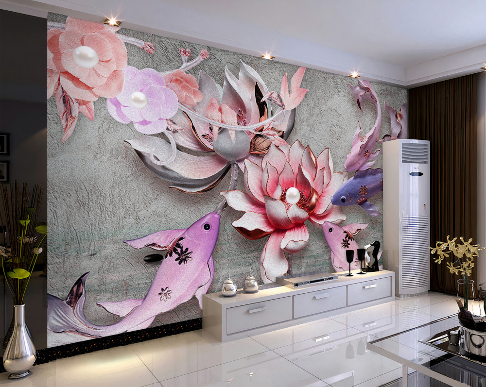 Fototapeta kompozycja kwiatów lotosu z rybami w jeziorze