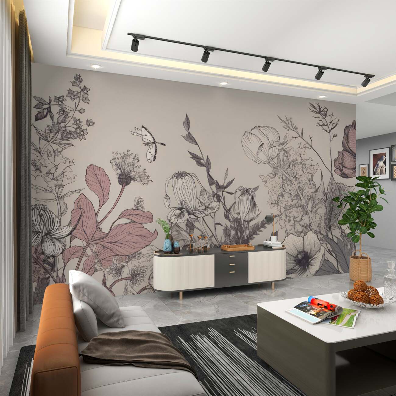 Fototapeta Kwiaty polowe i ilustracja motyli