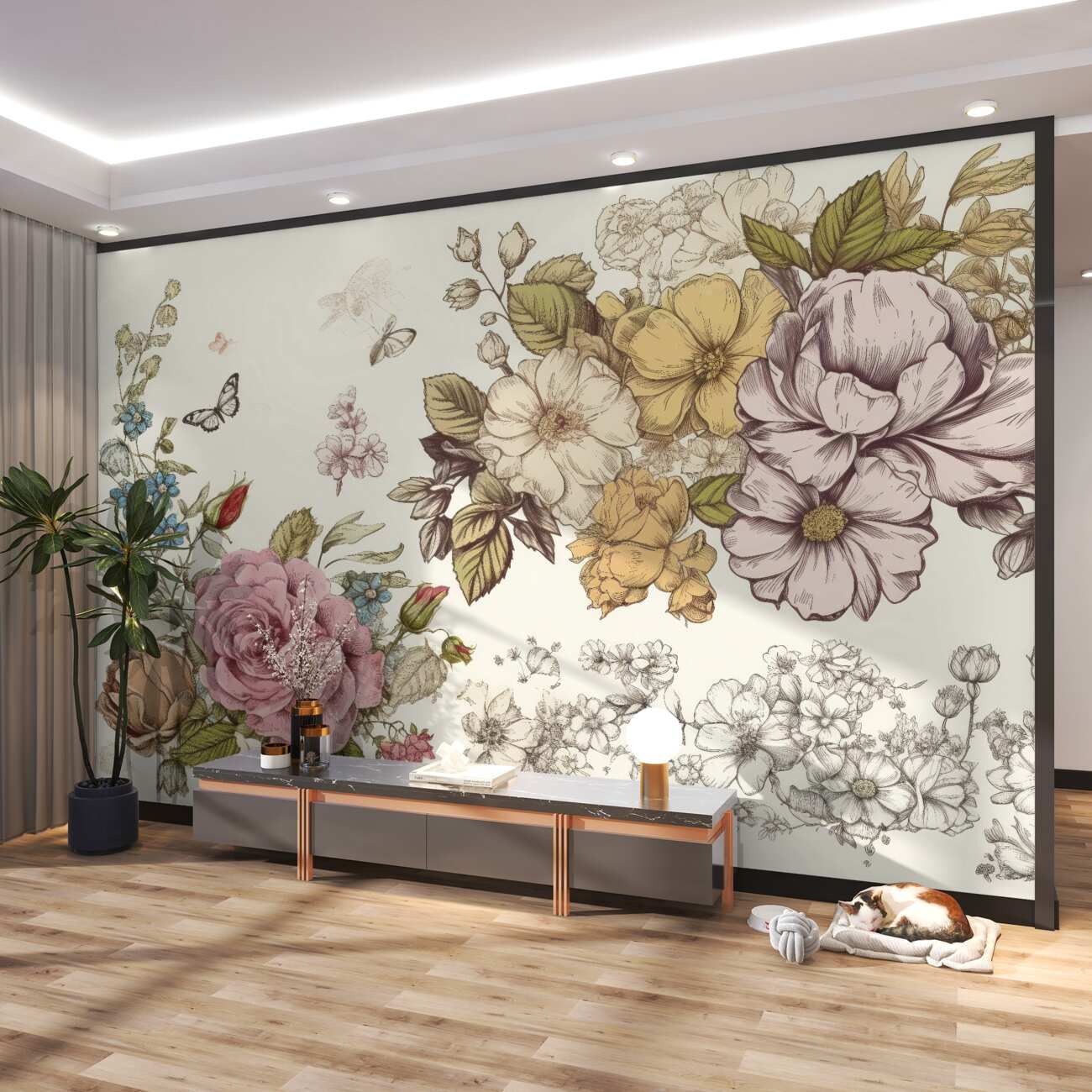 Fototapeta Gałęzie kwitnących pąków i motyli