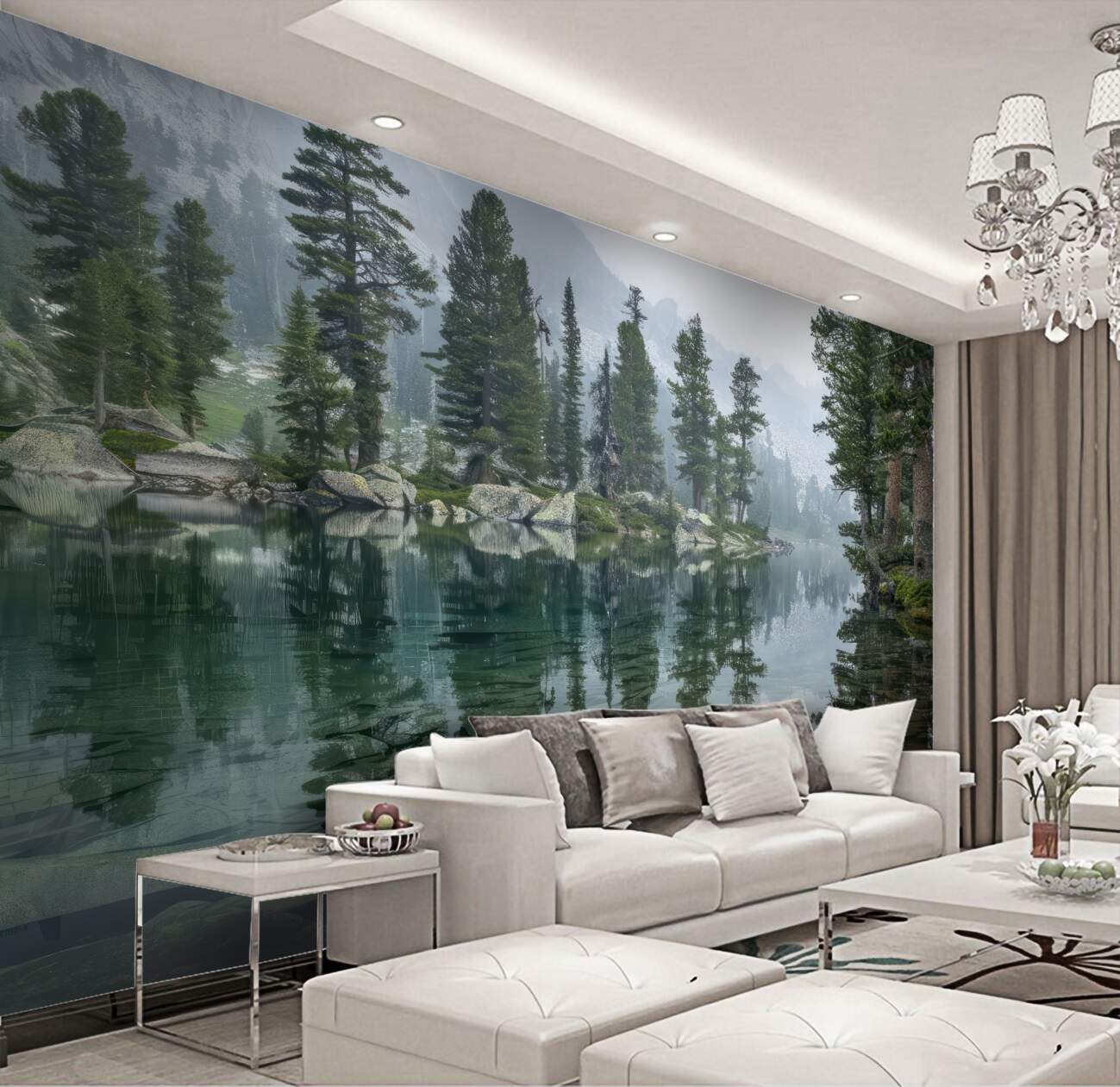 Fototapeta Smukłe drzewa z cichą wodą