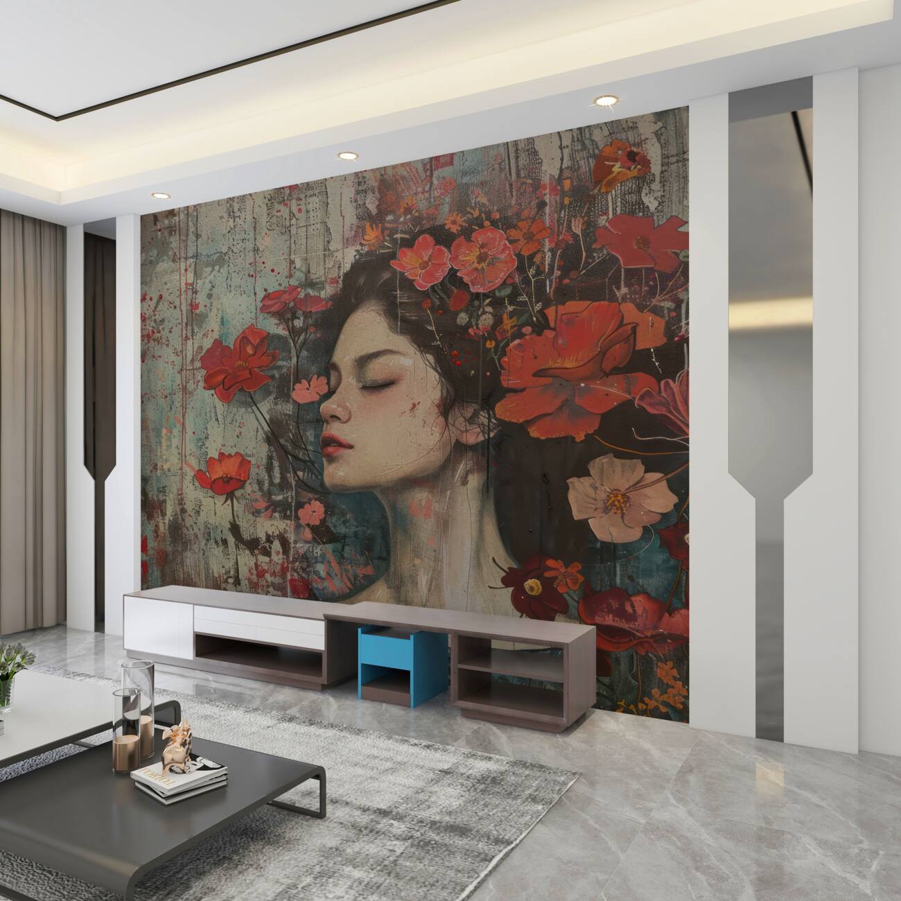 Fototapeta Dziewczyna na obrazie z czerwonymi kwiatami