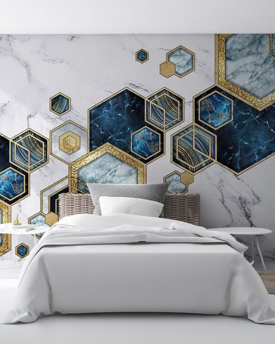 Fototapeta geometryczna niebieska marmarowa żółte