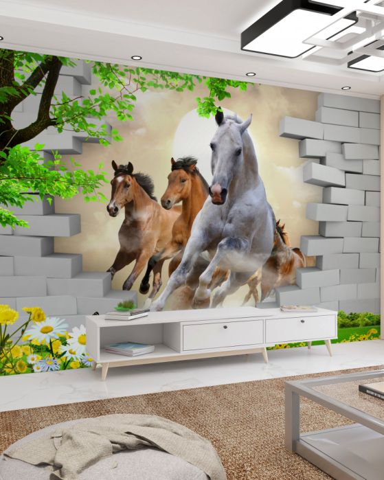 Fototapeta galop różnych koni rozbijających cegłę