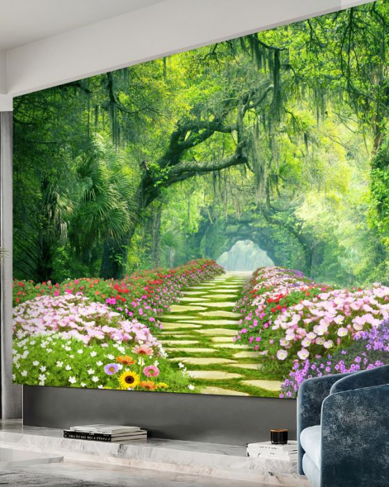 Fototapeta ścieżka w kwiatach prowadząca do zielonego lasu