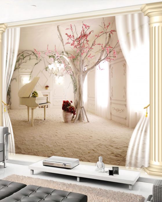 Fototapeta przytulny salon z żywym drzewem
