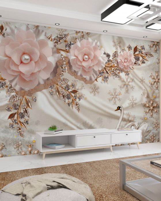 Fototapeta delikatne różowe kwiaty z koralikami na jedwabiu