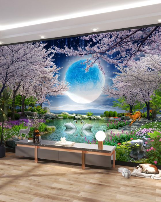 Fototapeta bajkowy księżyc w kwitnącym ogrodzie sakura
