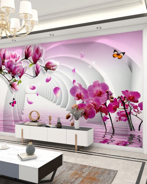 Fototapeta liliowe orchidee na gałęziach i motylach