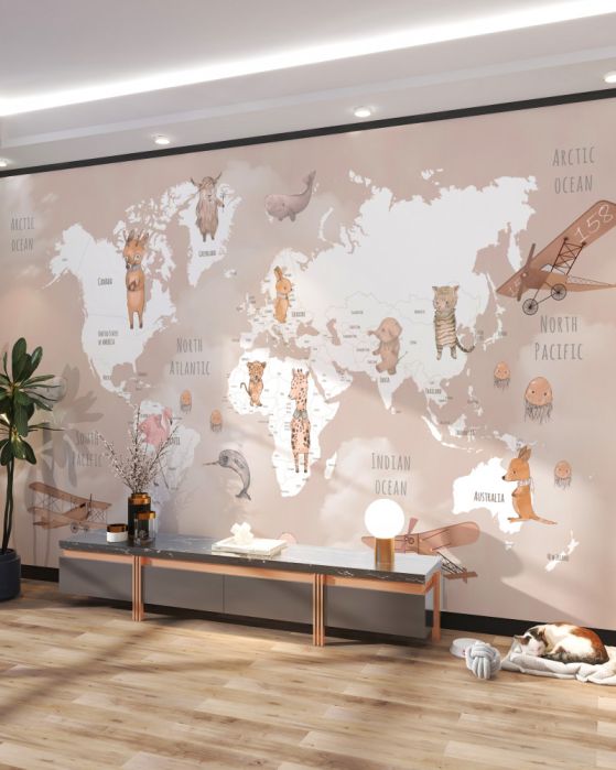 Fototapeta mapa świata ze zwierzętami i samolotami