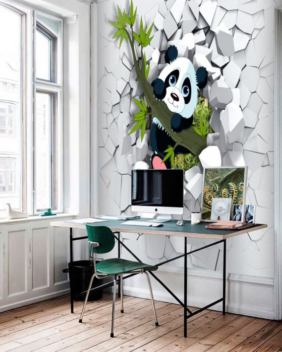 Fototapeta panda wygląda z połamanego ceglanego muru