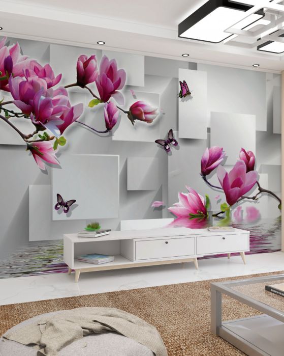 Fototapeta fioletowe kwiaty magnolii nad wodą