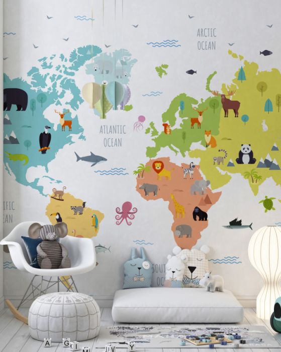 Fototapeta wielobarwna mapa świata ze zwierzętami
