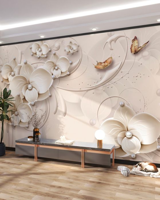 Fototapeta białe gałęzie orchidei i motyl
