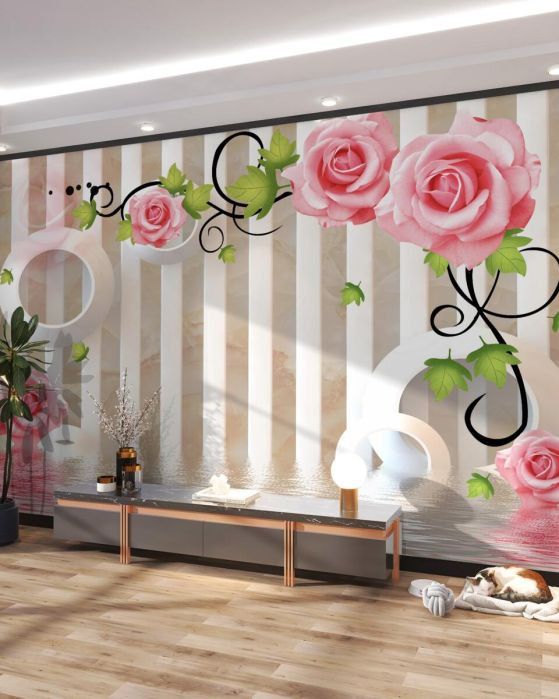 Fototapeta różowe róże z zielonymi liśćmi w pobliżu wody