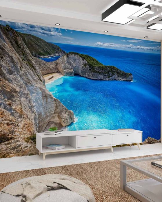 Fototapeta lazurowe wody i piaszczyste plaże u podnóża gór