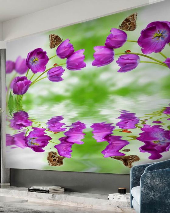 Fototapeta motyle spoczywają na kwiatach w odbiciu w wodzie