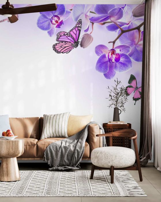 Fototapeta motyle nad niebieskimi liliowymi orchideami
