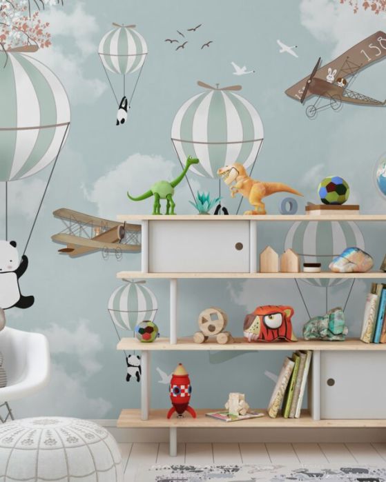 Fototapeta Panda wzbija się w niebo balonami na ogrzane powietrze