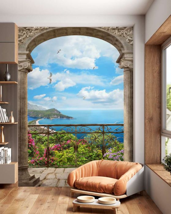 Fototapeta łukowaty balkon i widok na ocean