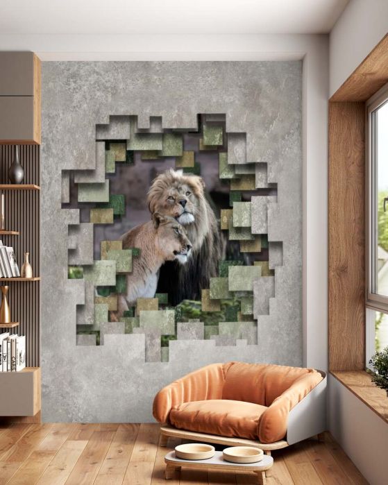 Fototapeta Lew i lwica opierają się na sobie