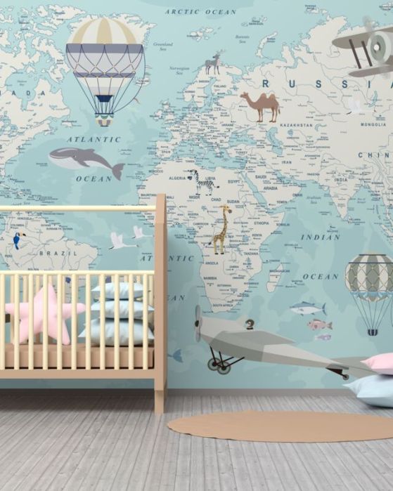 Fototapeta Szczegółowa mapa świata z samolotami i balonami