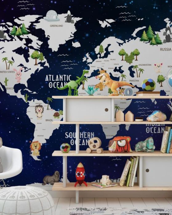 Fototapeta Nocna mapa świata z nazwami oceanów