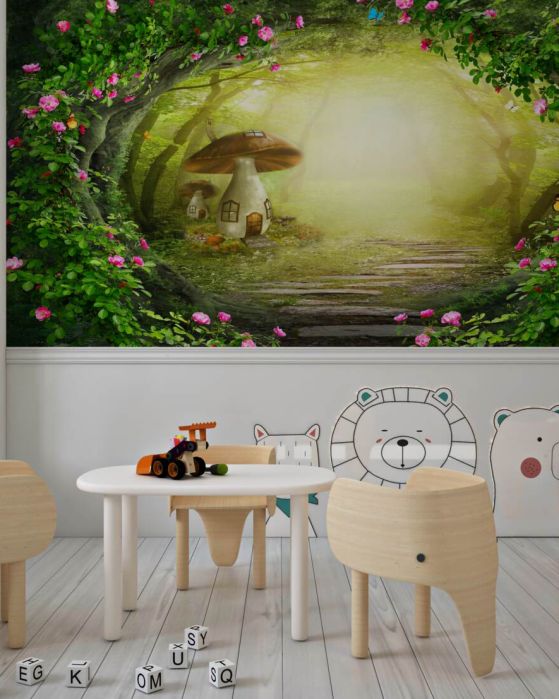 Fototapeta Domek z grzybami o świcie w lesie