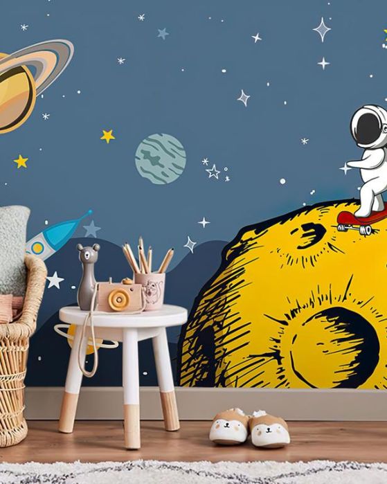 Fototapeta astronauta skateboard żółta planeta gwiazdy