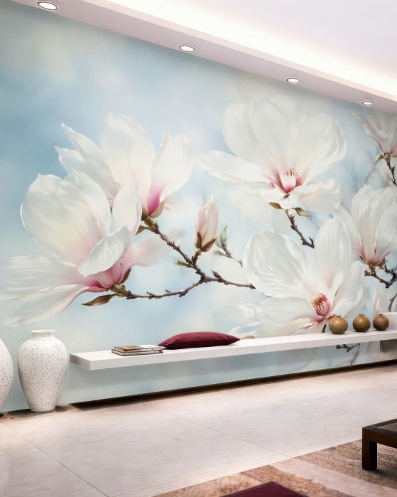 Fototapeta delikatna magnolia na błękitnym tle