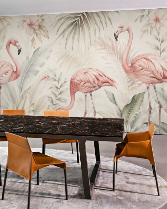Fototapeta pastelowe flamingi w tropikalnym ogrodzie