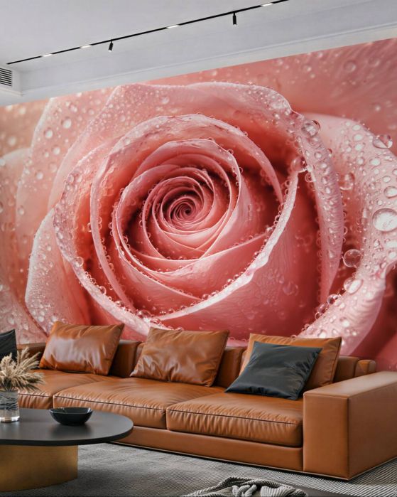 Fototapeta pudrowa róża w kroplach rosy