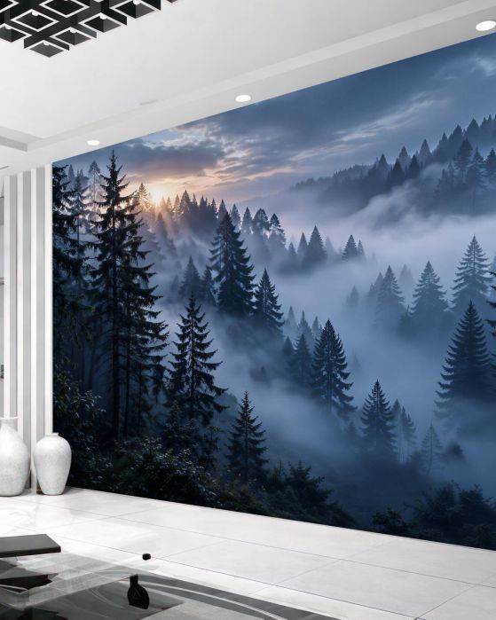 Fototapeta mglisty świerkowy las o świcie