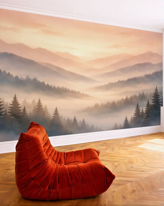 Fototapeta różany poranek wśród mglistych szczytów