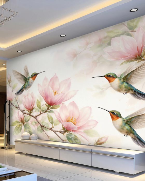 Fototapeta kolibry wśród różowych magnolii