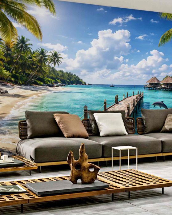 Fototapeta rajska plaża z delfinami