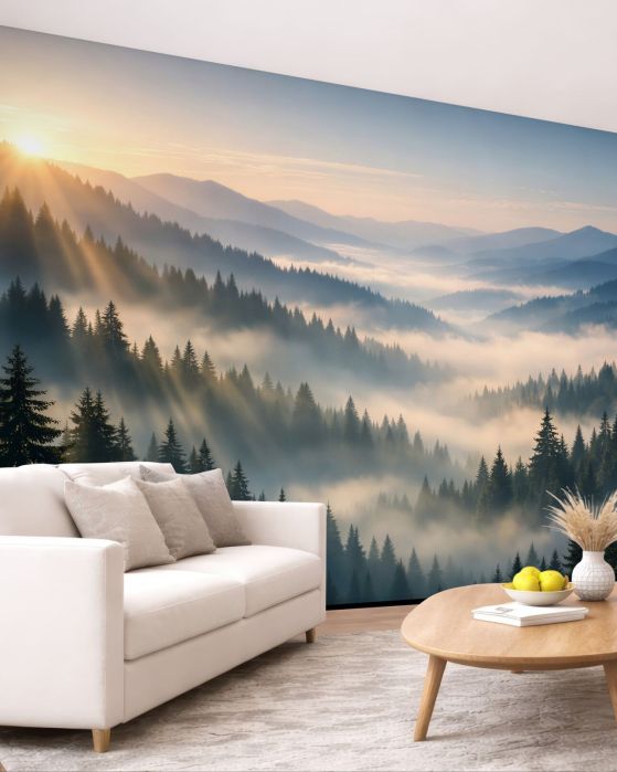 Fototapeta poranek w górskim lesie mgieł