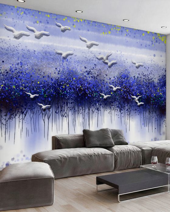 Fototapeta stado ptaków nad lasem i jeziorem o zmierzchu