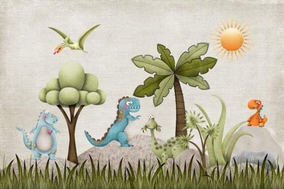 Fototapeta kreskówkowe dinozaury w lesie