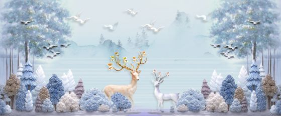 Fototapeta jelenie pasą się wśród drzew i gór