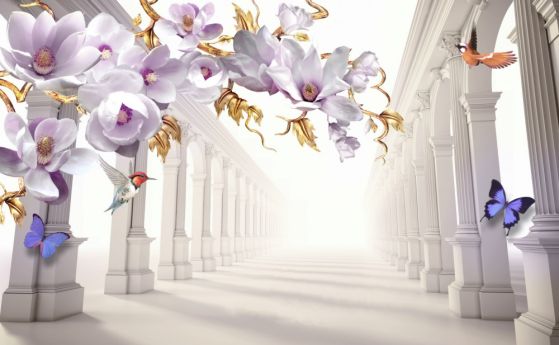 Fototapeta motyle na jasnych kwiatach w niekończącym się tunelu
