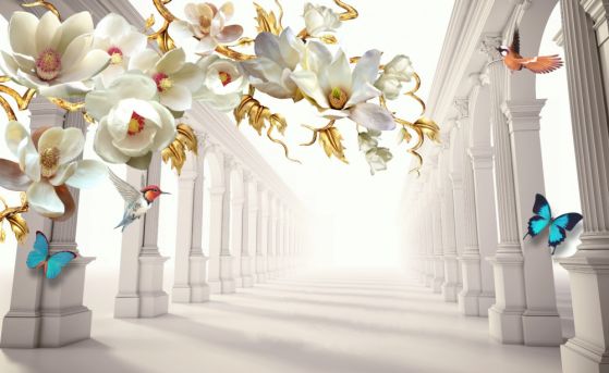 Fototapeta motyle i białe kwiaty ze złotymi liśćmi w łukach
