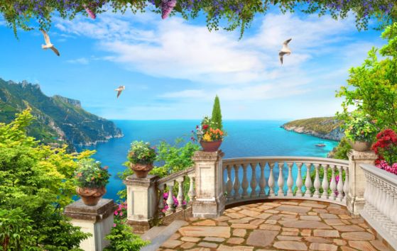 Fototapeta wygodny balkon z widokiem na ocean i góry