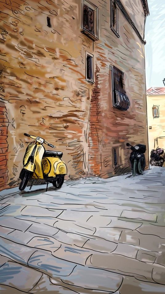 Fototapeta stara kamienna ulica i motorower